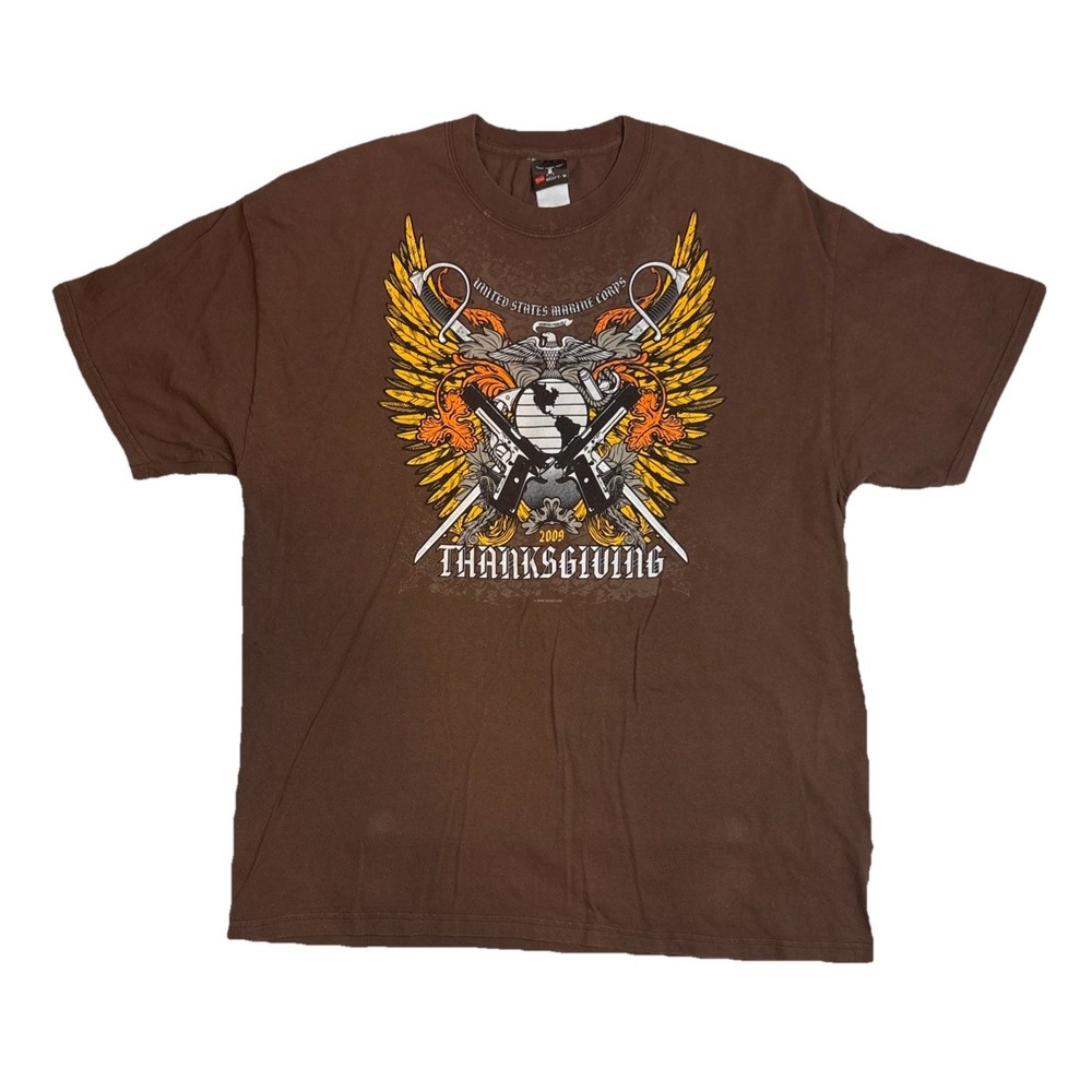 Hanes Beefy Tee USMC Semper Fidelis Thanksgiving 2009 Graphic Brown Mens‎ XL